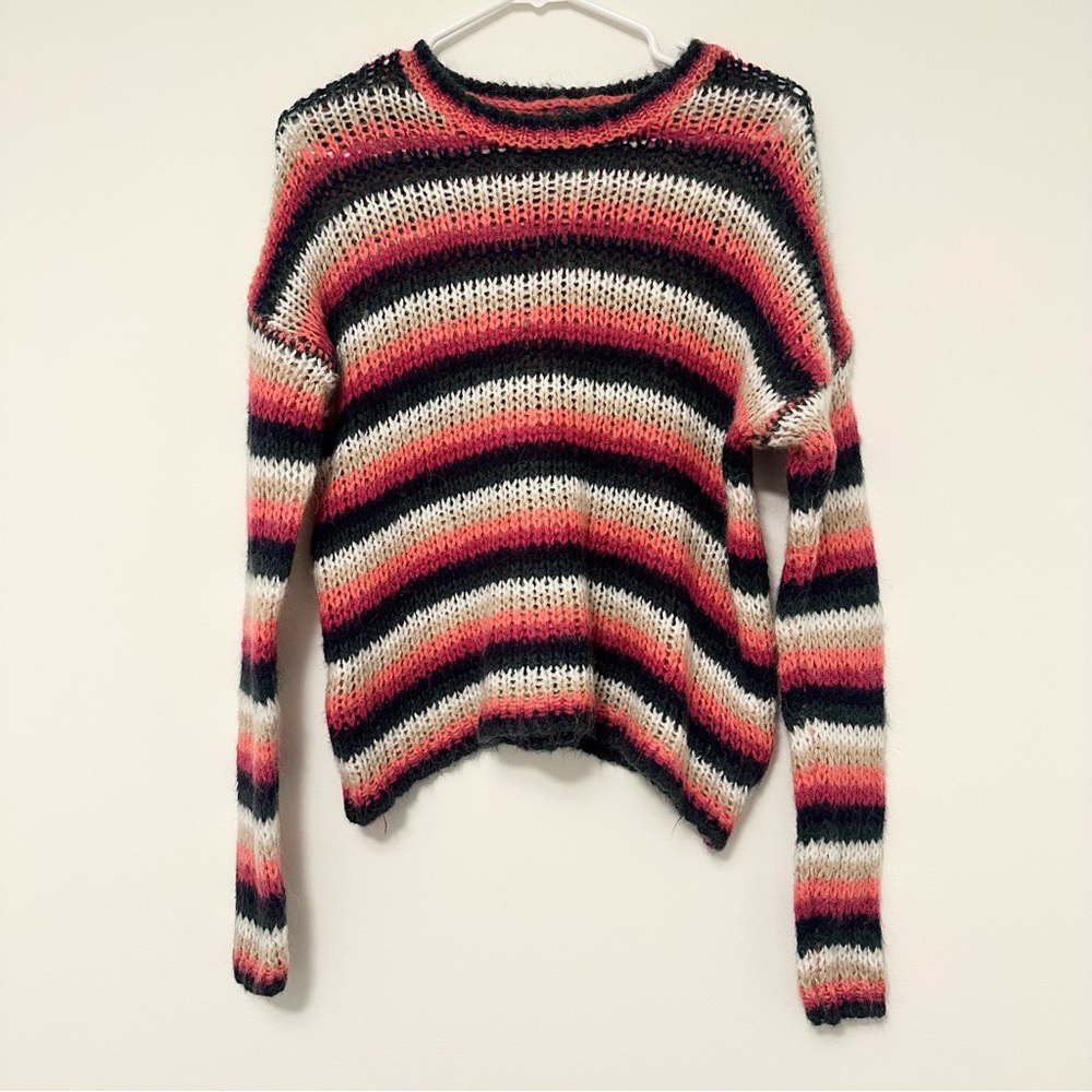 Forever 21 Fuzzy Striped Chunky Open Knit Striped Sweater Size Small Multi-Color